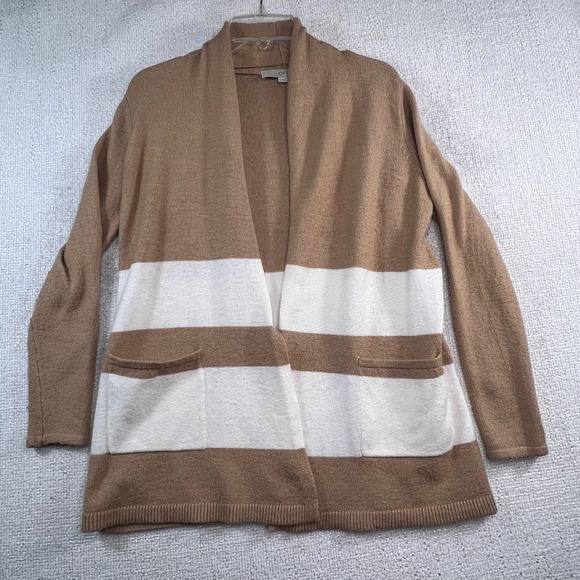 LOFT Sweaters - LOFT Womens Striped Open Front Cardigan Sweater Brown White Pocket Wool Blend XS